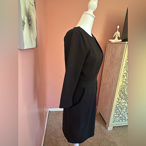 Love by Design black sophisticated chic midi dress ruched bodice and pockets M - Picture 3 of 8